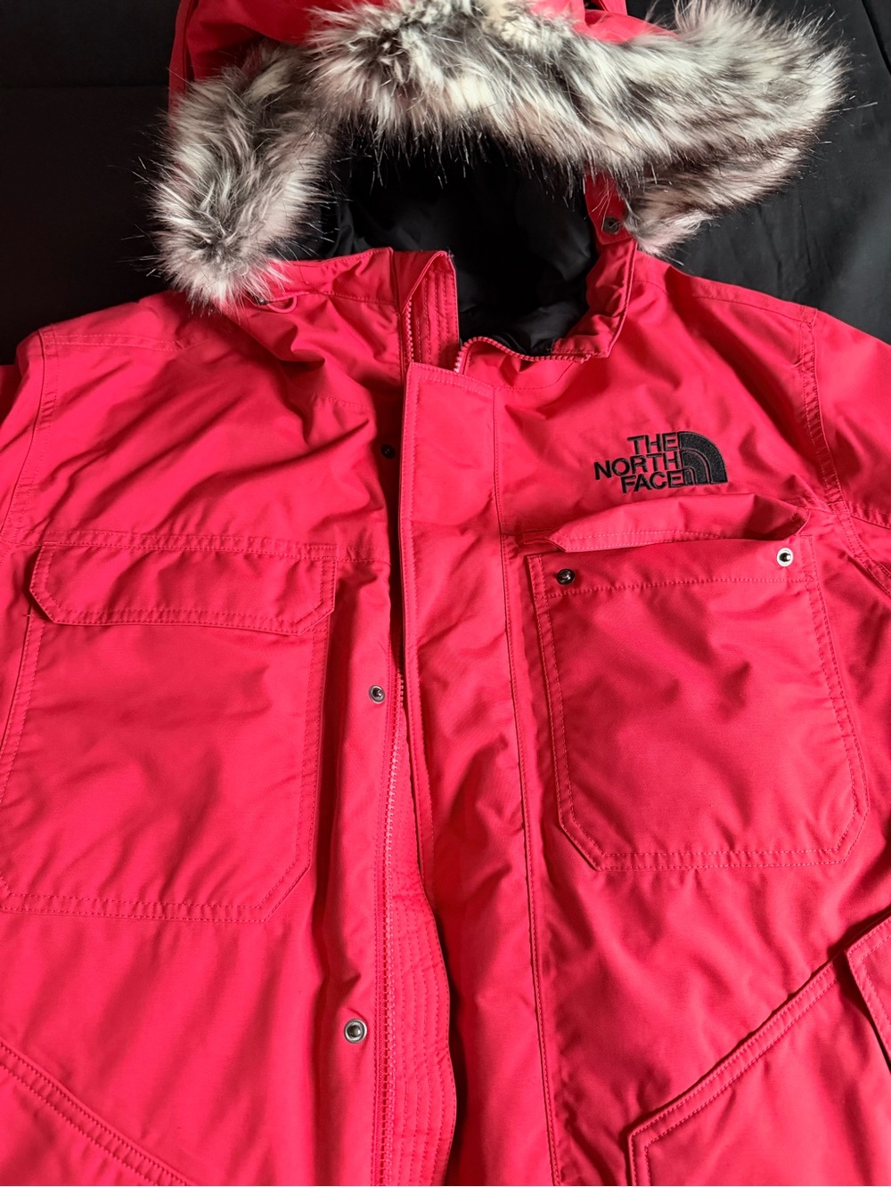 The North Face Bright Red Faux Fur Hooded Jacket